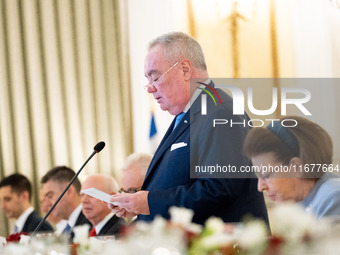 Grand Master and head of the Sovereign Military Order of Malta, Fra' John Timothy Dunlap, gives a speech during the official dinner hosted b...