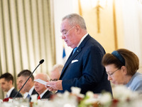 Grand Master and head of the Sovereign Military Order of Malta, Fra' John Timothy Dunlap, gives a speech during the official dinner hosted b...