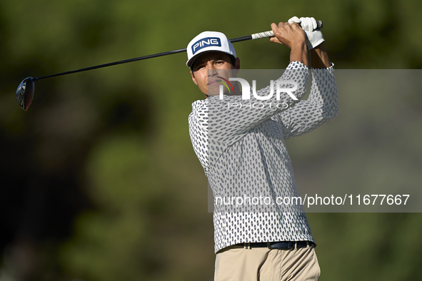 Johannes Veerman of the USA tees off on the 11th hole during the Estrella Damm N.A. Andalucia Masters 2024 at Real Club de Golf Sotogrande i...