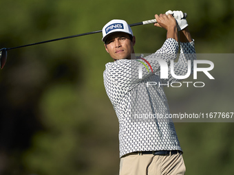 Johannes Veerman of the USA tees off on the 11th hole during the Estrella Damm N.A. Andalucia Masters 2024 at Real Club de Golf Sotogrande i...