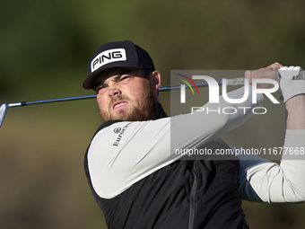 Dan Bradbury of England tees off on the 12th hole during the Estrella Damm N.A. Andalucia Masters 2024 at Real Club de Golf Sotogrande in Sa...