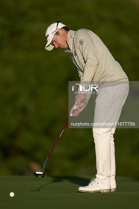 Julien Guerrier of France plays a shot on the 10th green during the Estrella Damm N.A. Andalucia Masters 2024 at Real Club de Golf Sotogrand...