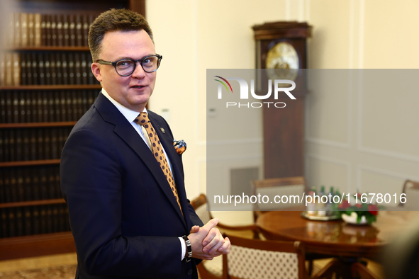 Marshal of the Sejm Szymon Holownia before his meeting with President of Switzerland Viola Amherd at Polish Parliament in Warsaw Poland on O...