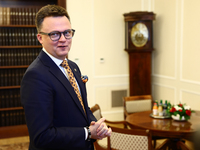 Marshal of the Sejm Szymon Holownia before his meeting with President of Switzerland Viola Amherd at Polish Parliament in Warsaw Poland on O...