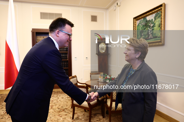 Marshal of the Sejm Szymon Holownia and President of Switzerland Viola Amherd during their meeting at Polish Parliament in Warsaw Poland on...