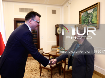 Marshal of the Sejm Szymon Holownia and President of Switzerland Viola Amherd during their meeting at Polish Parliament in Warsaw Poland on...