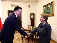 Marshal of the Sejm Szymon Holownia and President of Switzerland Viola Amherd during their meeting at Polish Parliament in Warsaw Poland on...