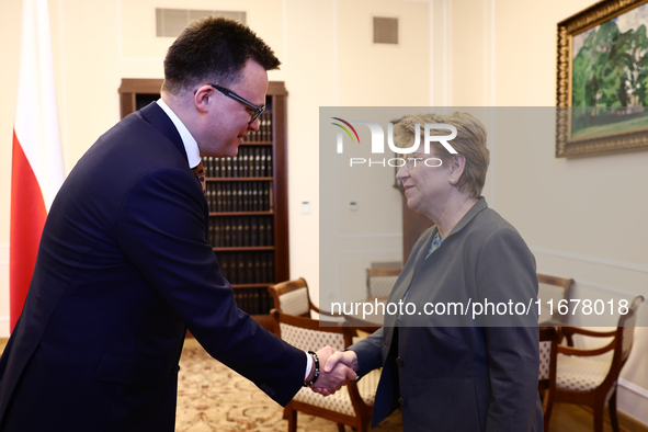 Marshal of the Sejm Szymon Holownia and President of Switzerland Viola Amherd during their meeting at Polish Parliament in Warsaw Poland on...