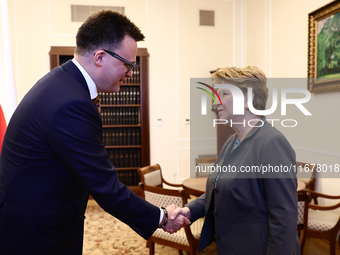 Marshal of the Sejm Szymon Holownia and President of Switzerland Viola Amherd during their meeting at Polish Parliament in Warsaw Poland on...