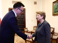 Marshal of the Sejm Szymon Holownia and President of Switzerland Viola Amherd during their meeting at Polish Parliament in Warsaw Poland on...