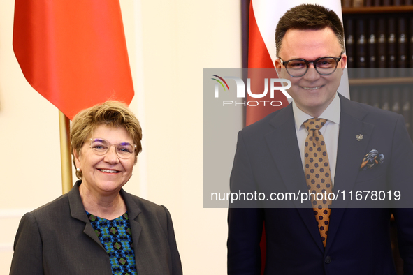 President of Switzerland Viola Amherd and Marshal of the Sejm Szymon Holownia during their meeting at Polish Parliament in Warsaw Poland on...