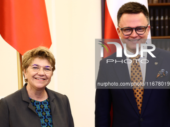 President of Switzerland Viola Amherd and Marshal of the Sejm Szymon Holownia during their meeting at Polish Parliament in Warsaw Poland on...