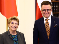 President of Switzerland Viola Amherd and Marshal of the Sejm Szymon Holownia during their meeting at Polish Parliament in Warsaw Poland on...