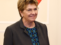 President of Switzerland Viola Amherd during her meeting with Marshal of the Sejm Szymon Holownia at Polish Parliament in Warsaw Poland on O...