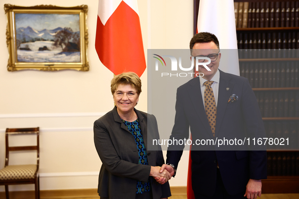 President of Switzerland Viola Amherd and Marshal of the Sejm Szymon Holownia during their meeting at Polish Parliament in Warsaw Poland on...