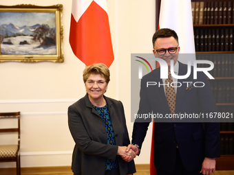 President of Switzerland Viola Amherd and Marshal of the Sejm Szymon Holownia during their meeting at Polish Parliament in Warsaw Poland on...