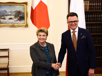 President of Switzerland Viola Amherd and Marshal of the Sejm Szymon Holownia during their meeting at Polish Parliament in Warsaw Poland on...