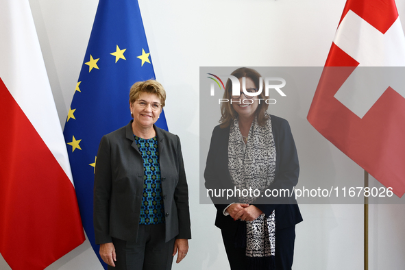 President of Switzerland Viola Amherd and Marshal of the Senate Malgorzata Kidawa-Blonska during their meeting at Polish Parliament in Warsa...