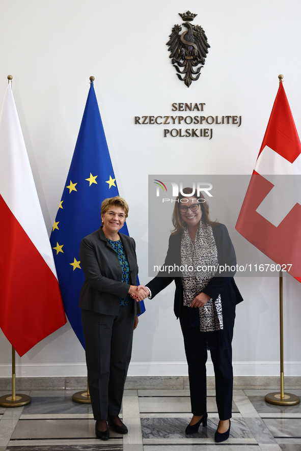 President of Switzerland Viola Amherd and Marshal of the Senate Malgorzata Kidawa-Blonska during their meeting at Polish Parliament in Warsa...