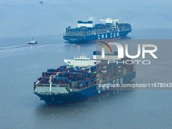 A photo taken in Shanghai, China, on October 18, 2024, shows the operation scene of the Yangshan Deep Water Port area of Shanghai Port. From...