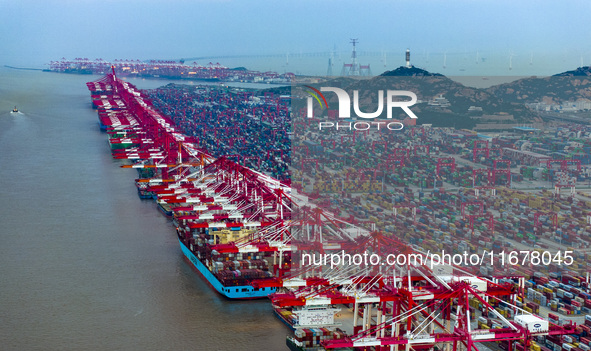 A photo taken in Shanghai, China, on October 18, 2024, shows the operation scene of the Yangshan Deep Water Port area of Shanghai Port. From...