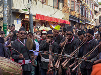 Nepalese Hindu devotees play traditional musical instruments during the Hadigaun Jatra festival in Kathmandu, Nepal, on October 18, 2024. Ev...