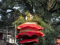 Nepalese Hindu devotees carry the chariot of Lord Satya Narayan during the Hadigaun Jatra festival in Kathmandu, Nepal, on October 18, 2024....