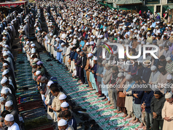 Kashmiri Muslim devotees offer prayers at the shrine of Sufi saint Sheikh Syed Abdul Qadir Jeelani, marking the last Friday of 'urs', or the...