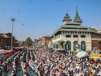 Kashmiri Muslim devotees offer prayers at the shrine of Sufi saint Sheikh Syed Abdul Qadir Jeelani, marking the last Friday of 'urs', or the...