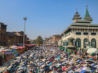 Kashmiri Muslim devotees offer prayers at the shrine of Sufi saint Sheikh Syed Abdul Qadir Jeelani, marking the last Friday of 'urs', or the...