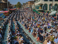 Kashmiri Muslim devotees offer prayers at the shrine of Sufi saint Sheikh Syed Abdul Qadir Jeelani, marking the last Friday of 'urs', or the...