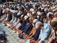 Kashmiri Muslim devotees offer prayers at the shrine of Sufi saint Sheikh Syed Abdul Qadir Jeelani, marking the last Friday of 'urs', or the...