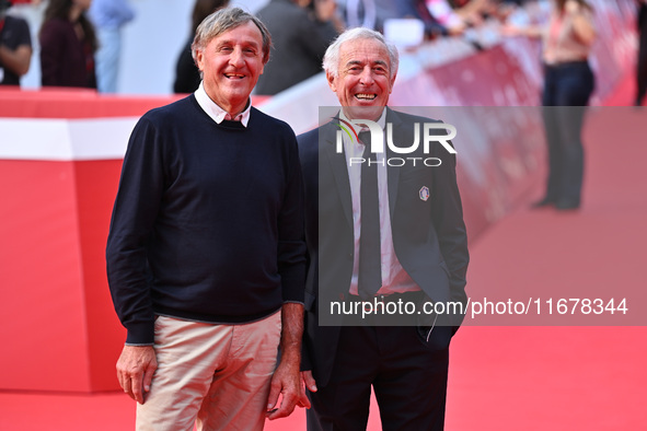 Piero Gros and Gustavo Thoeni attend the ''LA VALANGA AZZURRA'' red carpet during the 19th Rome Film Festival at Auditorium Parco Della Musi...