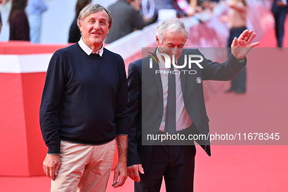 Piero Gros and Gustavo Thoeni attend the ''LA VALANGA AZZURRA'' red carpet during the 19th Rome Film Festival at Auditorium Parco Della Musi...