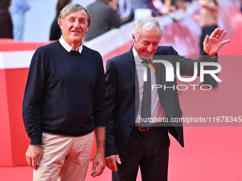 Piero Gros and Gustavo Thoeni attend the ''LA VALANGA AZZURRA'' red carpet during the 19th Rome Film Festival at Auditorium Parco Della Musi...