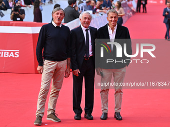 Piero Gros, Gustavo Thoeni, and Paolo di Chiesa attend the ''LA VALANGA AZZURRA'' red carpet during the 19th Rome Film Festival at Auditoriu...