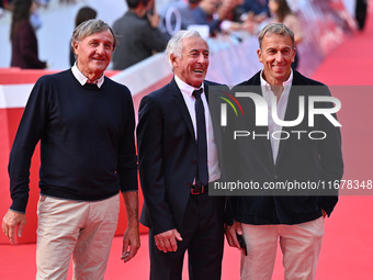 Piero Gros, Gustavo Thoeni, and Paolo di Chiesa attend the ''LA VALANGA AZZURRA'' red carpet during the 19th Rome Film Festival at Auditoriu...