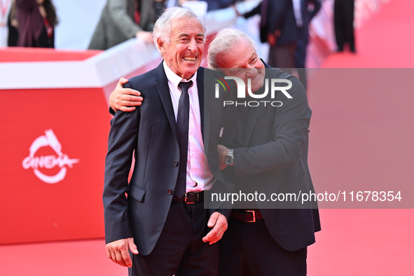 Gustavo Thoeni and Giovanni Veronesi attend the ''LA VALANGA AZZURRA'' red carpet during the 19th Rome Film Festival at Auditorium Parco Del...