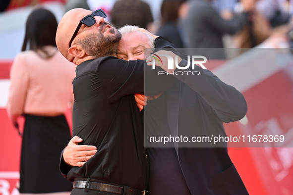 Giuliano Sangiorgi and Giovanni Veronesi attend the ''LA VALANGA AZZURRA'' red carpet during the 19th Rome Film Festival at Auditorium Parco...