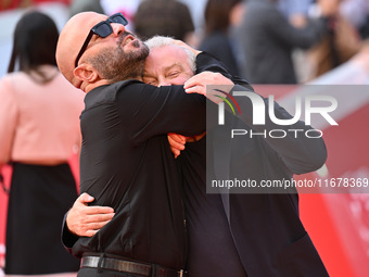 Giuliano Sangiorgi and Giovanni Veronesi attend the ''LA VALANGA AZZURRA'' red carpet during the 19th Rome Film Festival at Auditorium Parco...