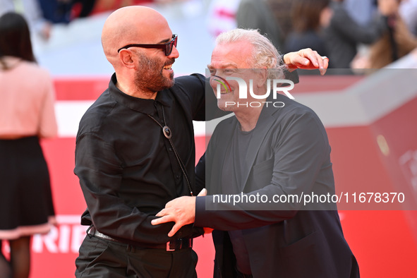 Giuliano Sangiorgi and Giovanni Veronesi attend the ''LA VALANGA AZZURRA'' red carpet during the 19th Rome Film Festival at Auditorium Parco...