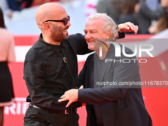 Giuliano Sangiorgi and Giovanni Veronesi attend the ''LA VALANGA AZZURRA'' red carpet during the 19th Rome Film Festival at Auditorium Parco...