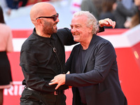 Giuliano Sangiorgi and Giovanni Veronesi attend the ''LA VALANGA AZZURRA'' red carpet during the 19th Rome Film Festival at Auditorium Parco...