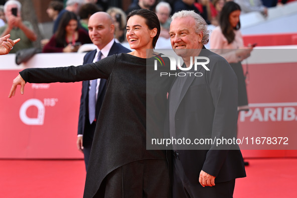 Kasia Smutniak and Giovanni Veronesi attend the ''LA VALANGA AZZURRA'' red carpet during the 19th Rome Film Festival at Auditorium Parco Del...