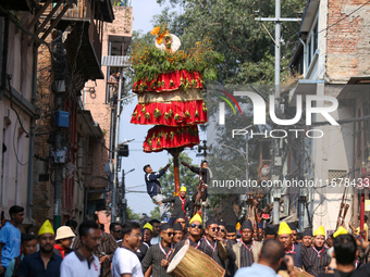 Devotees rotate the chariot of Lord Satya Narayan while celebrating the Hadigaun Jatra in Kathmandu, Nepal, on October 18, 2024. (