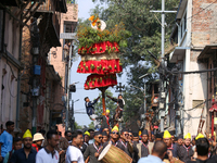 Devotees rotate the chariot of Lord Satya Narayan while celebrating the Hadigaun Jatra in Kathmandu, Nepal, on October 18, 2024. (