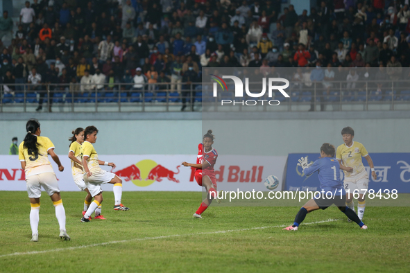 Players of Nepal and Bhutan play against each other during the SAFF Women's Championship 2024 in Kathmandu, Nepal, on October 18, 2024. Nepa...