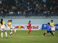 Players of Nepal and Bhutan play against each other during the SAFF Women's Championship 2024 in Kathmandu, Nepal, on October 18, 2024. Nepa...