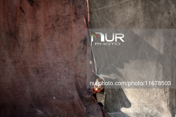 A Palestinian boy peeks from inside a tent at a makeshift camp for the internally displaced in Deir al-Balah in the central Gaza Strip on Oc...