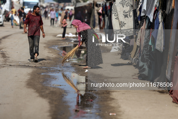 Displaced Palestinians are in Deir al-Balah in the central Gaza Strip on October 18, 2024, amid the ongoing war between Israel and the Pales...